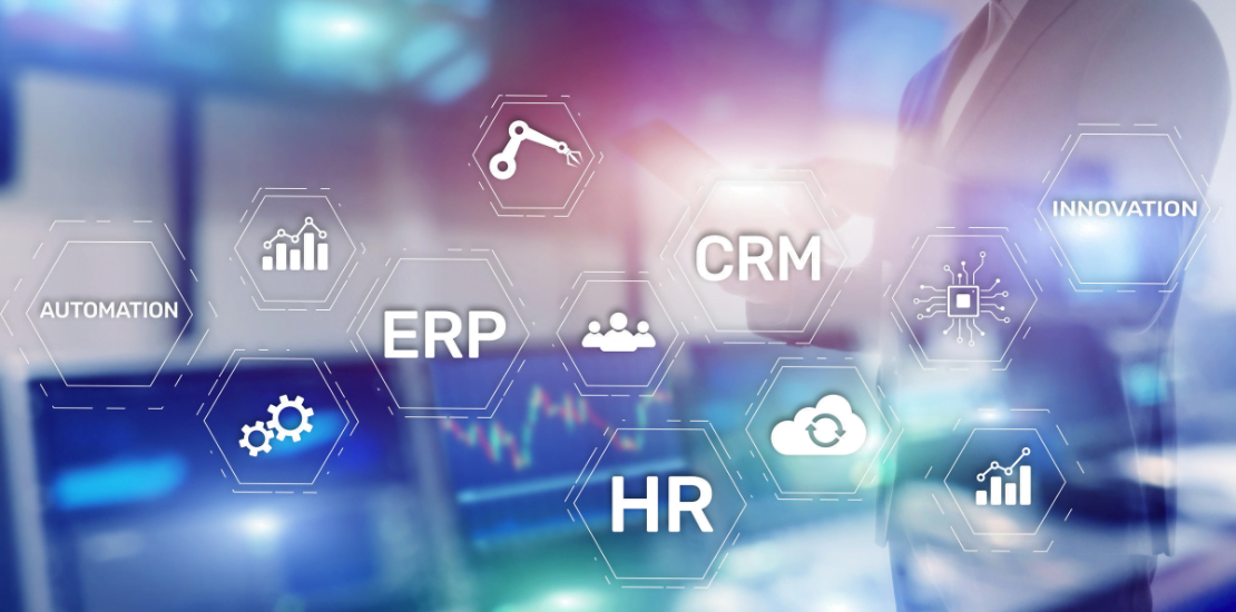 erp crm hr computers in blurred background