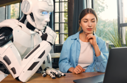 robot and woman working on laptop in office